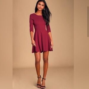 NWT Lulu's Holiday Clouds Burgundy Skater Dress Scallop Hem Size Large
